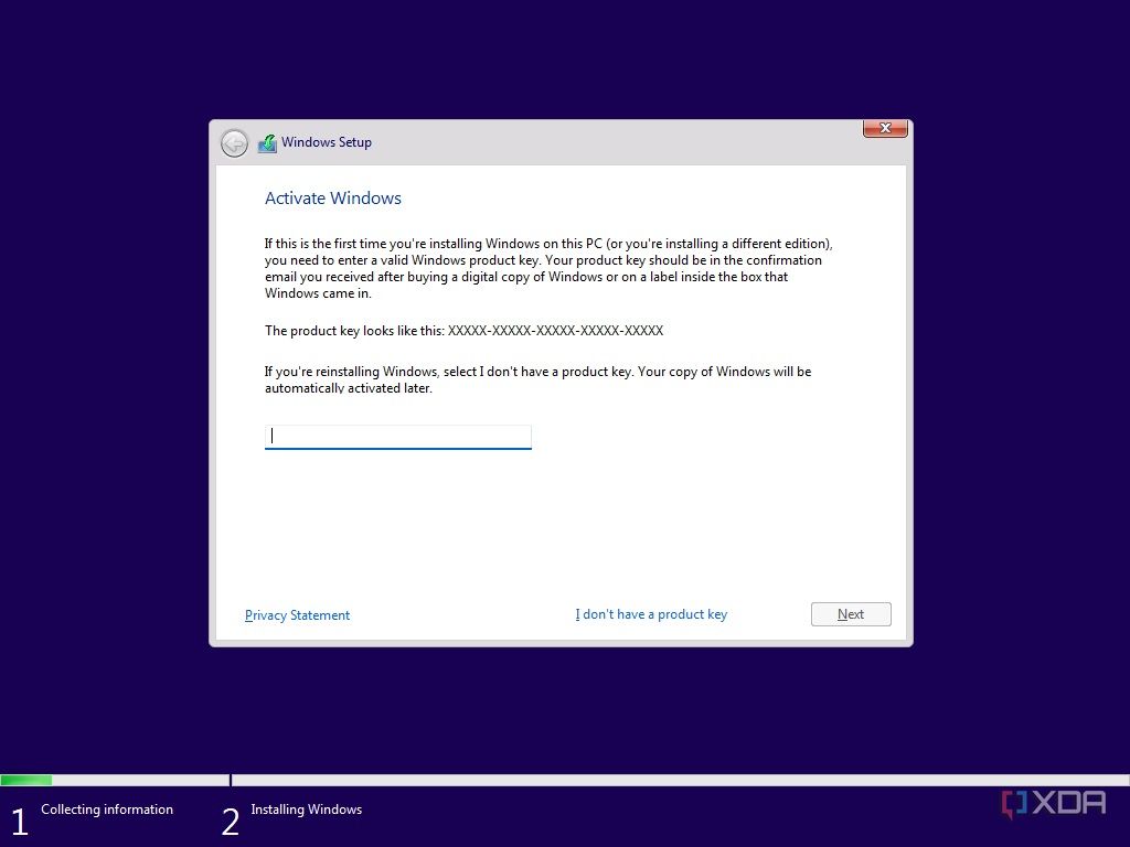 Screenshot of Windows 11 setup asking for a product key