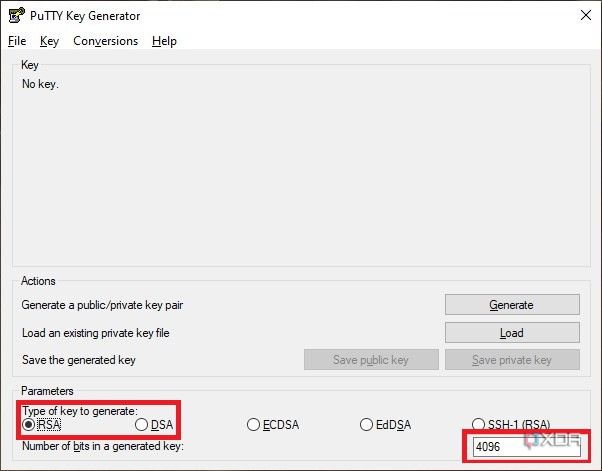PuTTYgen window showing choice of encryption for SSH key generation