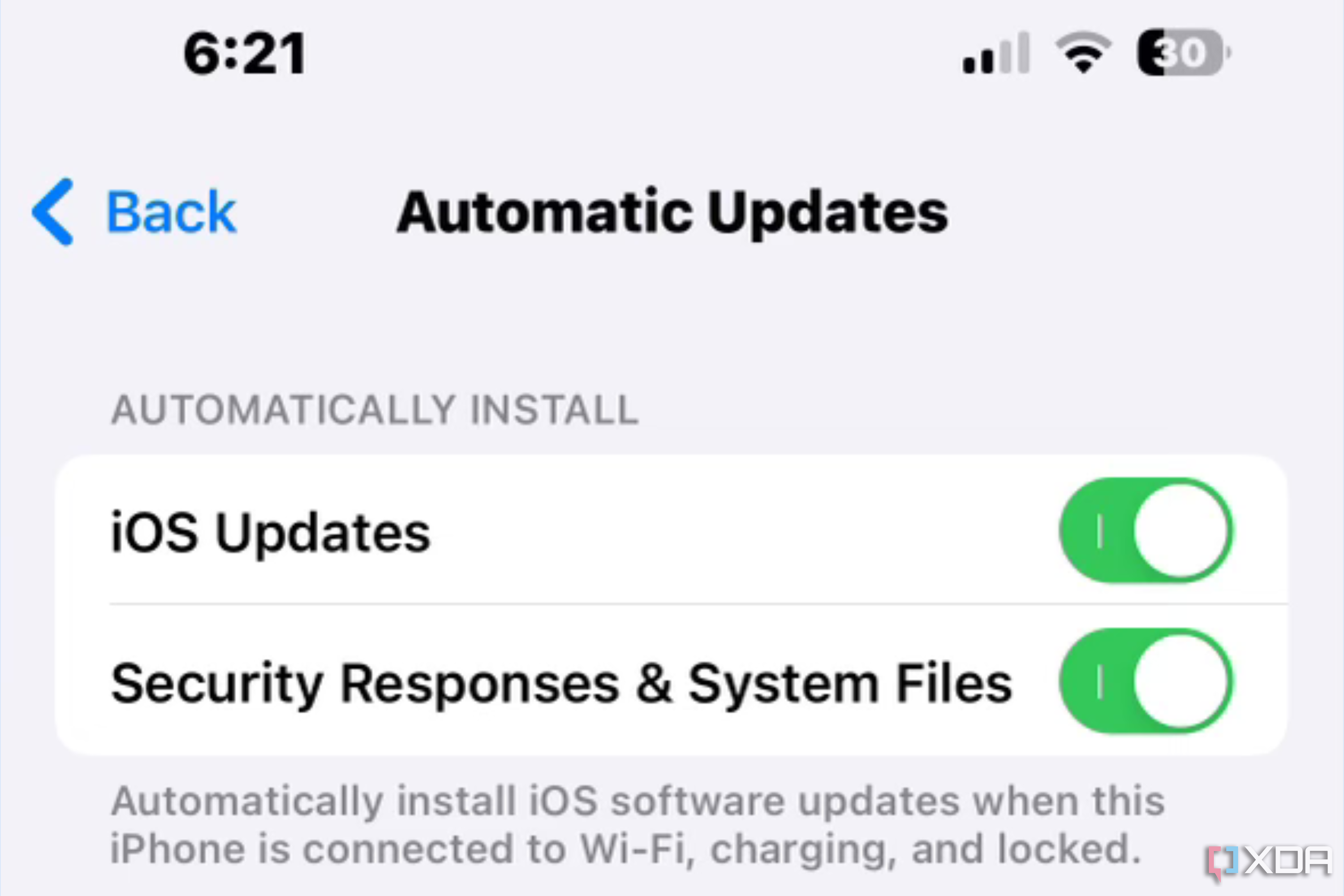 The Automatic Updates page in the Settings app on iPhone. 