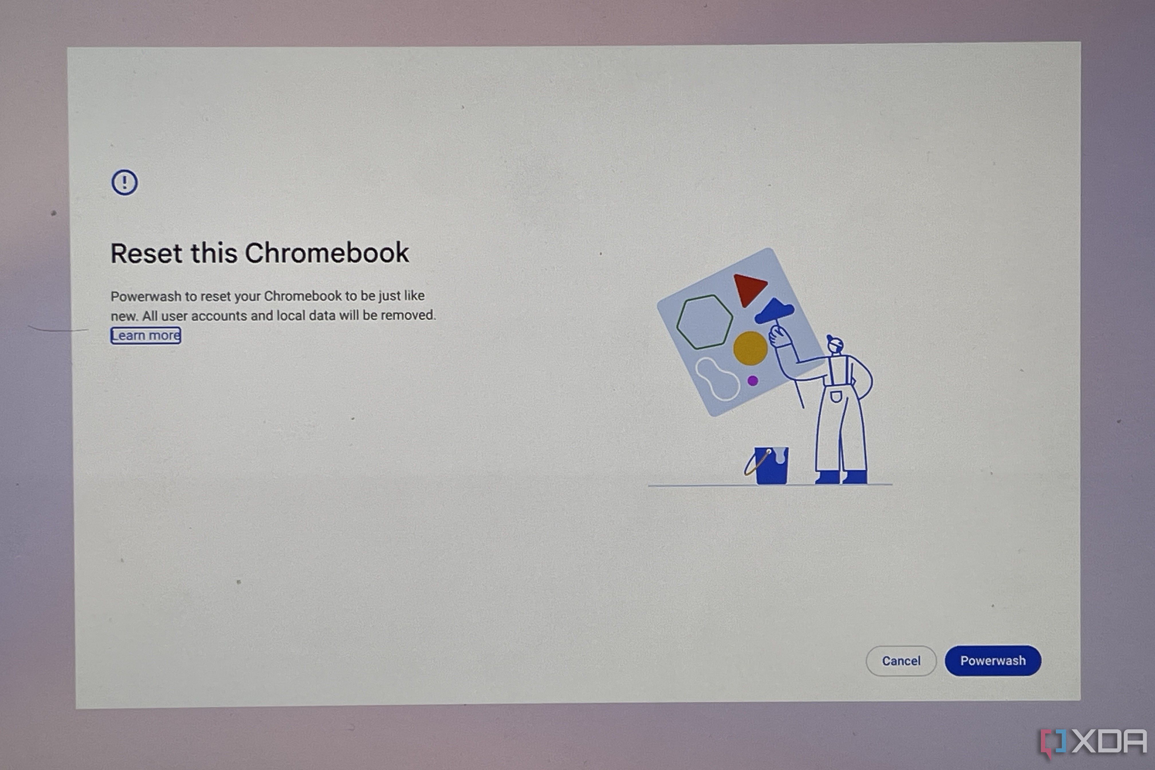A warning message that you're about to reset a Chromebook