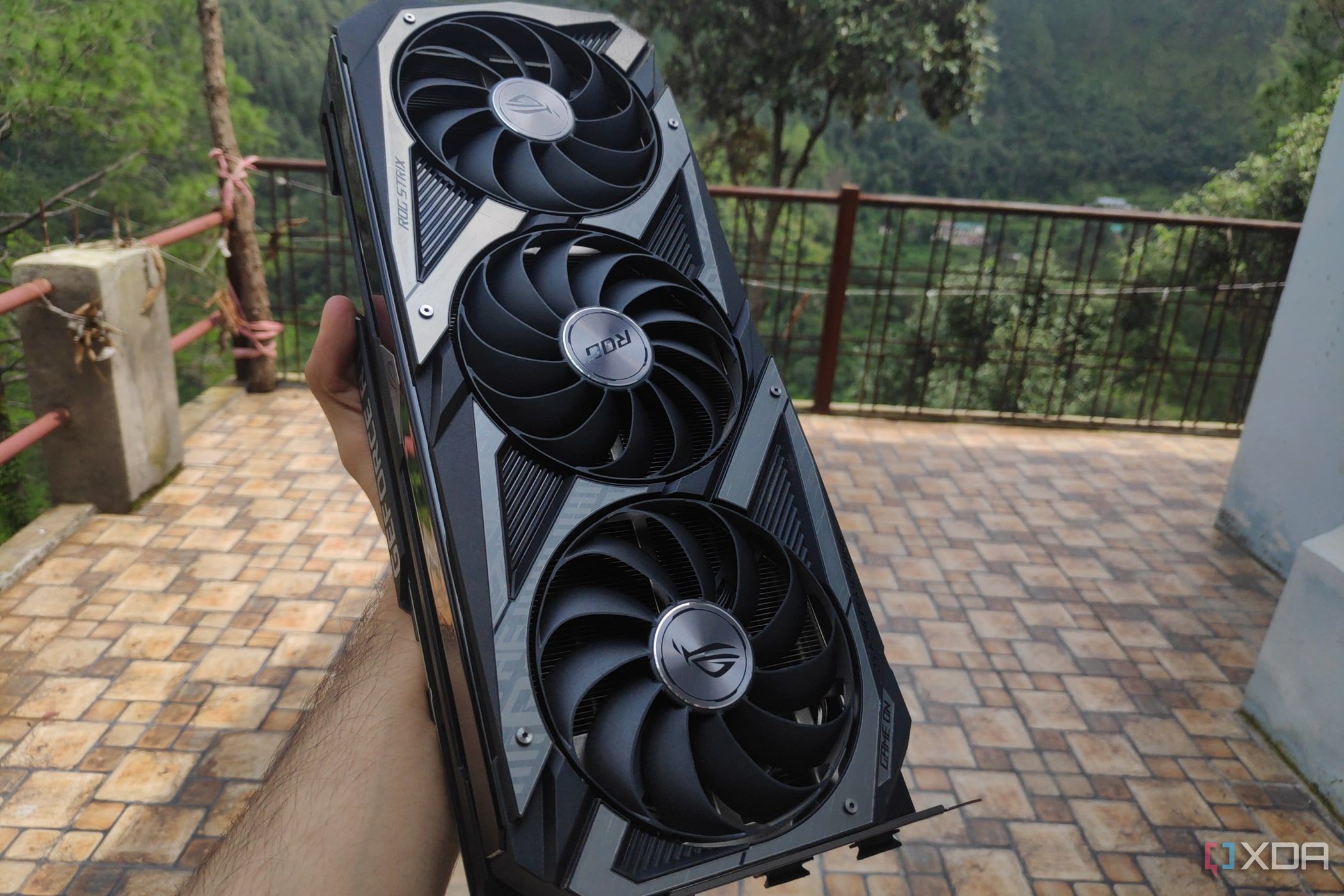 An Asus Rog Strix RTX 3080 Ti graphics card.