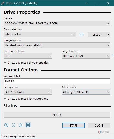 Screenshot of Rufus with fields filled automatically after choosing an ISO file for installation