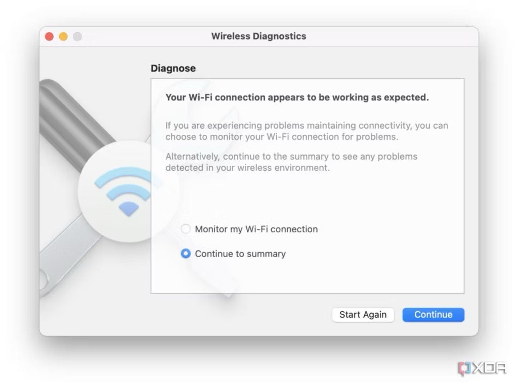 Wireless diagnostics tool on macOS with buttons to continue or start again