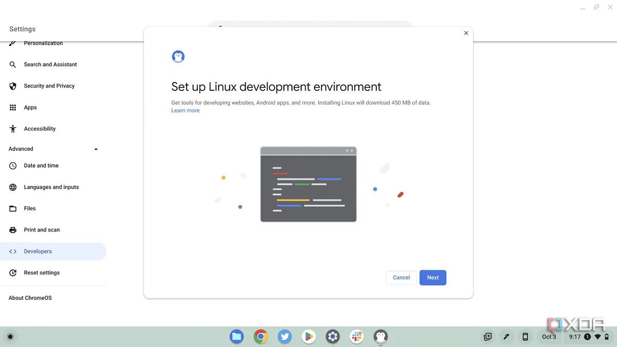 A screenshot of the processes for enabling Android apps on ChromeOS