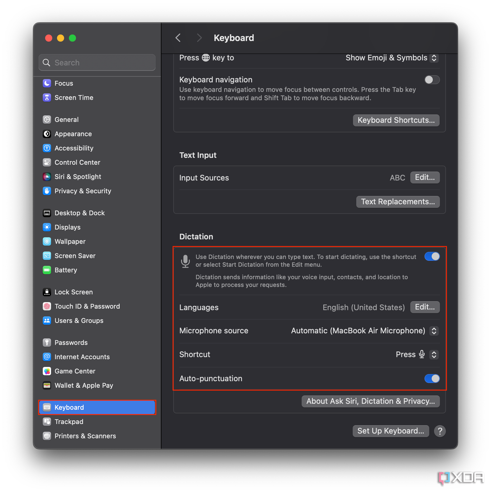 dictation settings on macOS