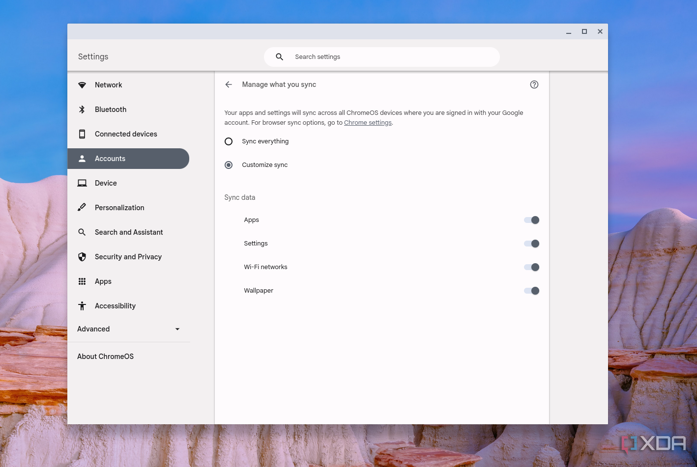 The sync settings on ChromeOS with toggle switches turned on