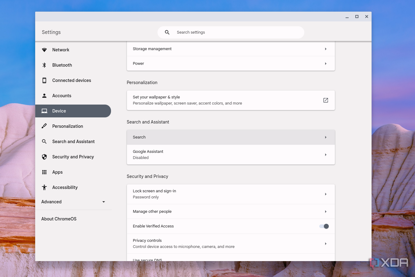 The personalize screen in the ChromeOS settings app under device