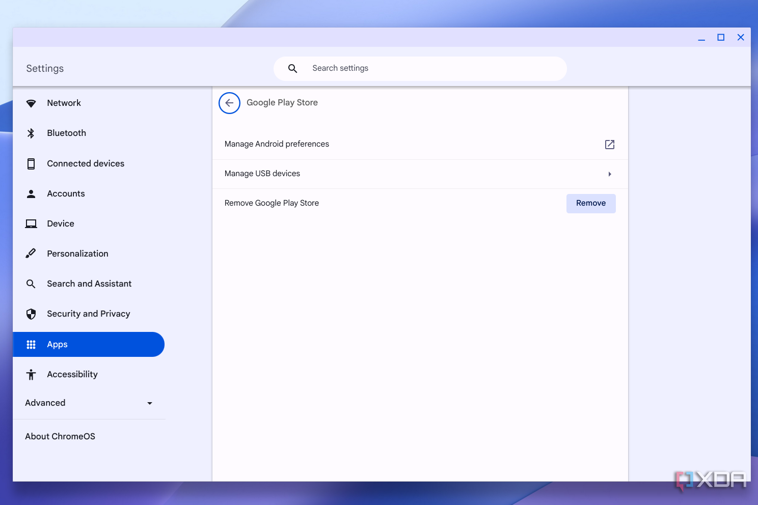 Google Настройки Play Store в приложении «Настройки ChromeOS» показывают, что оно включено.