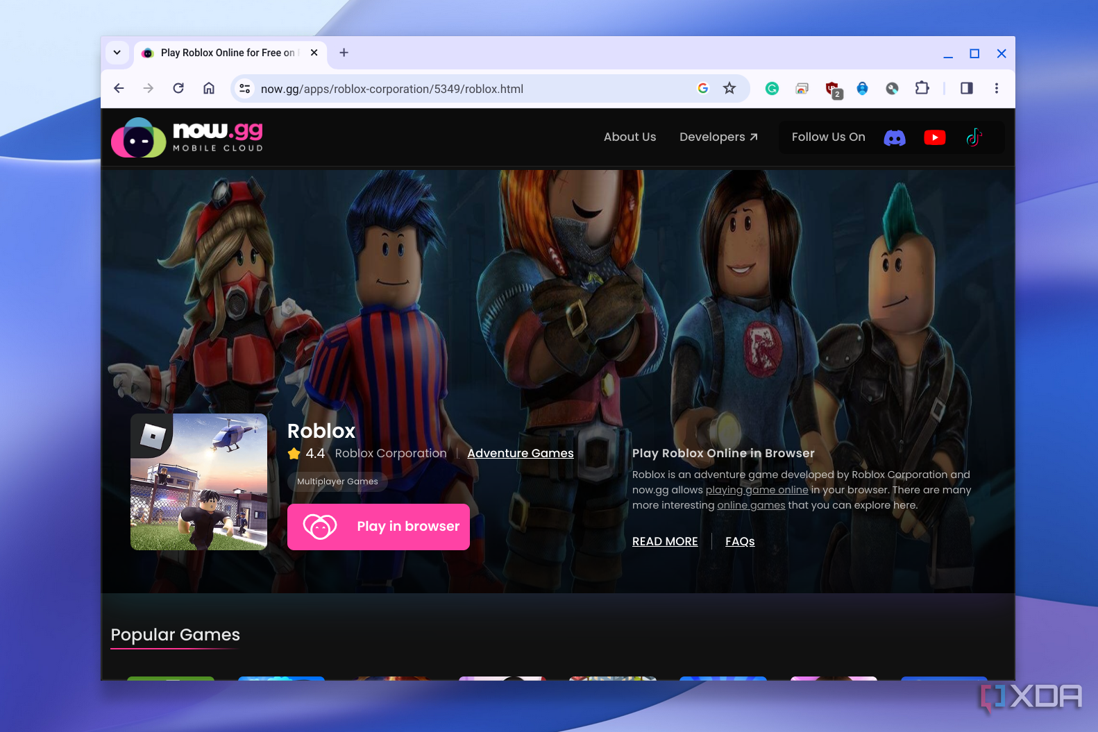 Roblox as seen in a third-party cloud gaming website now.gg