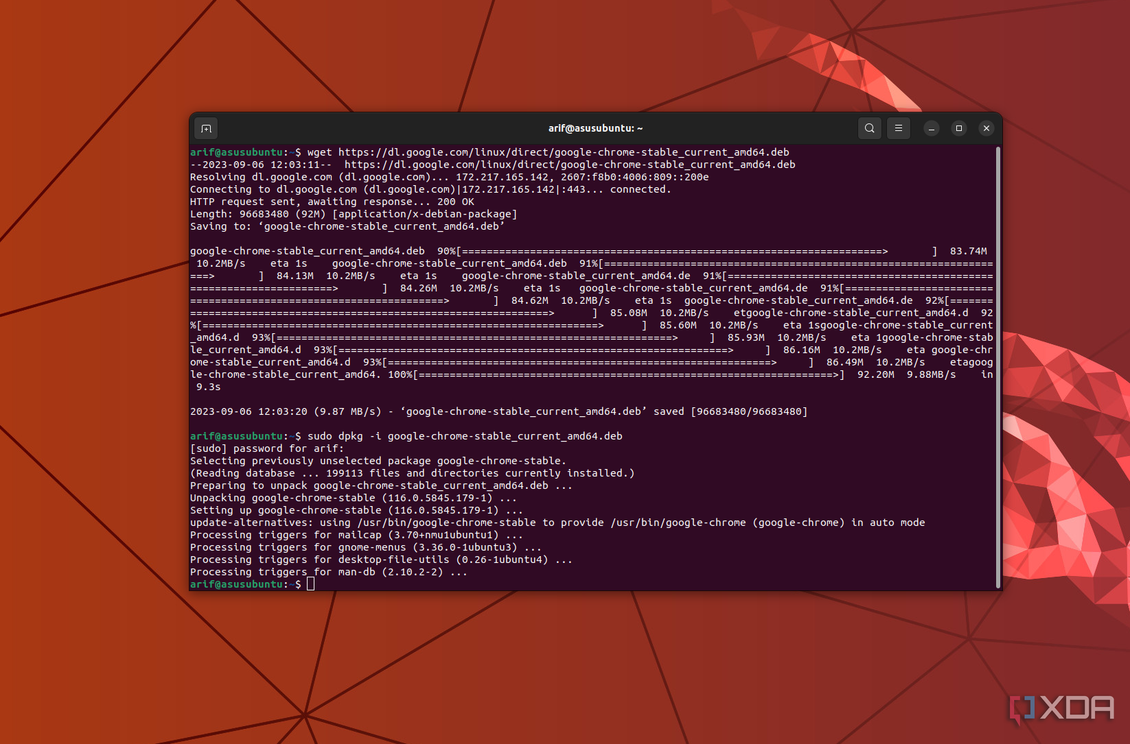 Скриншот кода терминала в Ubuntu для установки Chrome через терминал Linux.
