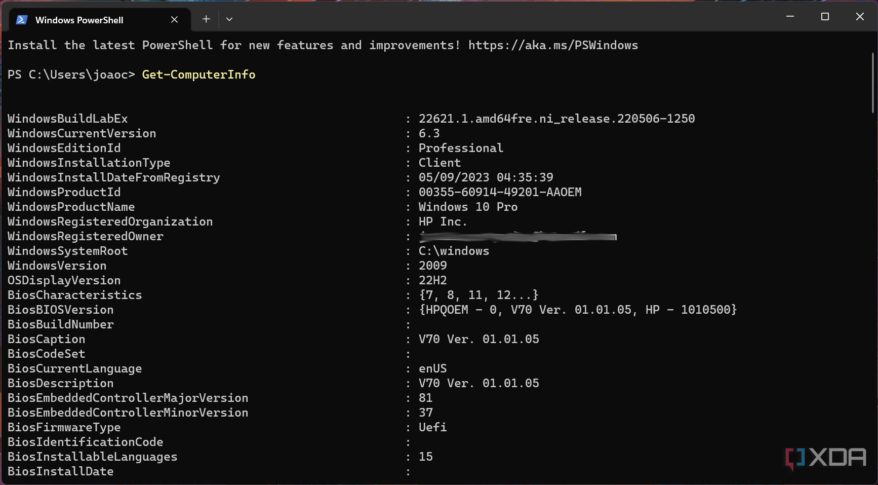 Screenshot of Windows PowerShell in Terminal after running the Get-ComputerInfo command