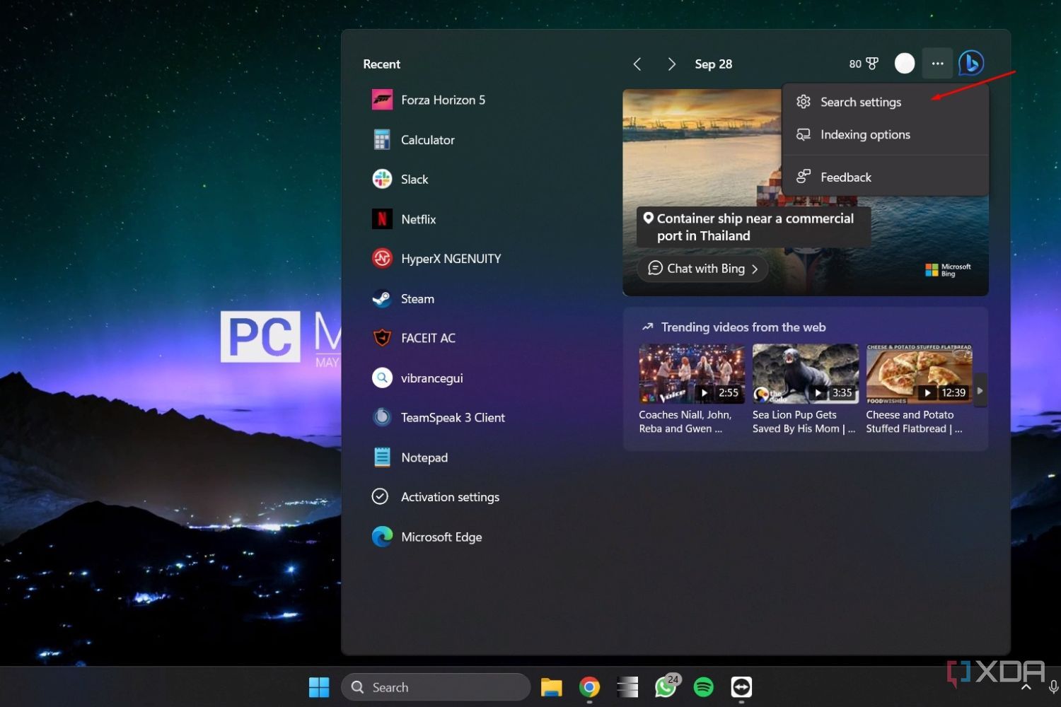 Capturas de pantalla de Windows 11 que muestran el menú de configuración de búsqueda en el cuadro de búsqueda