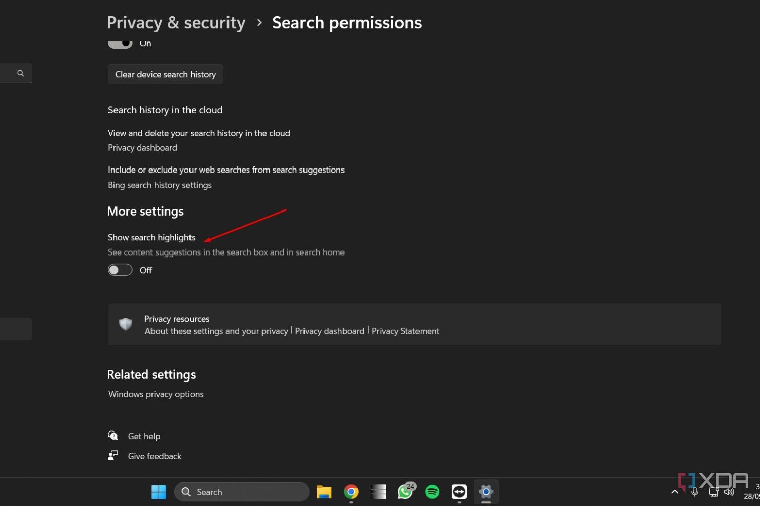 Captura de pantalla de Windows 11 que muestra cómo desactivar los resaltados de búsqueda