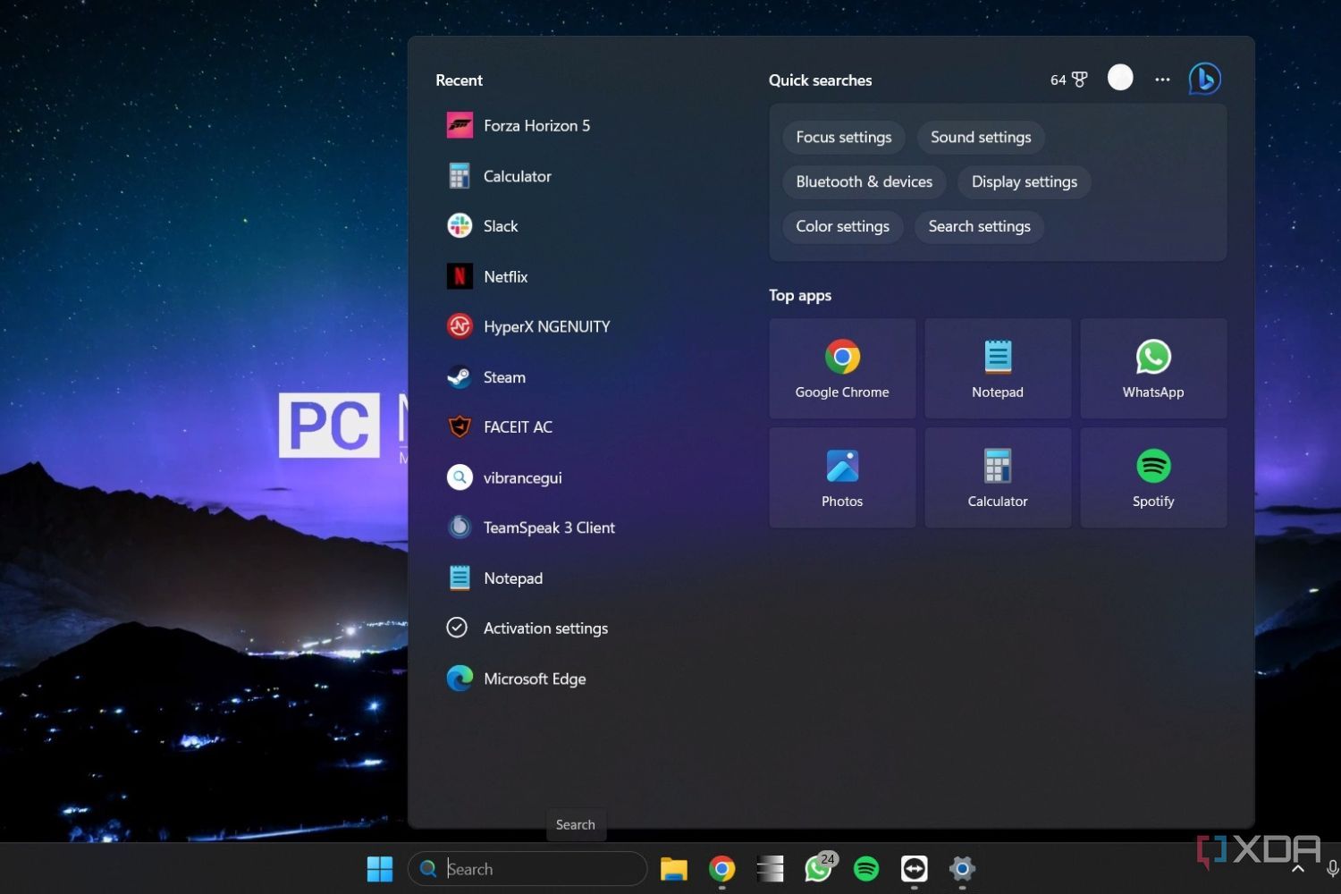 Captura de pantalla de Windows 11 que muestra el cuadro de búsqueda con los resaltados de búsqueda deshabilitados