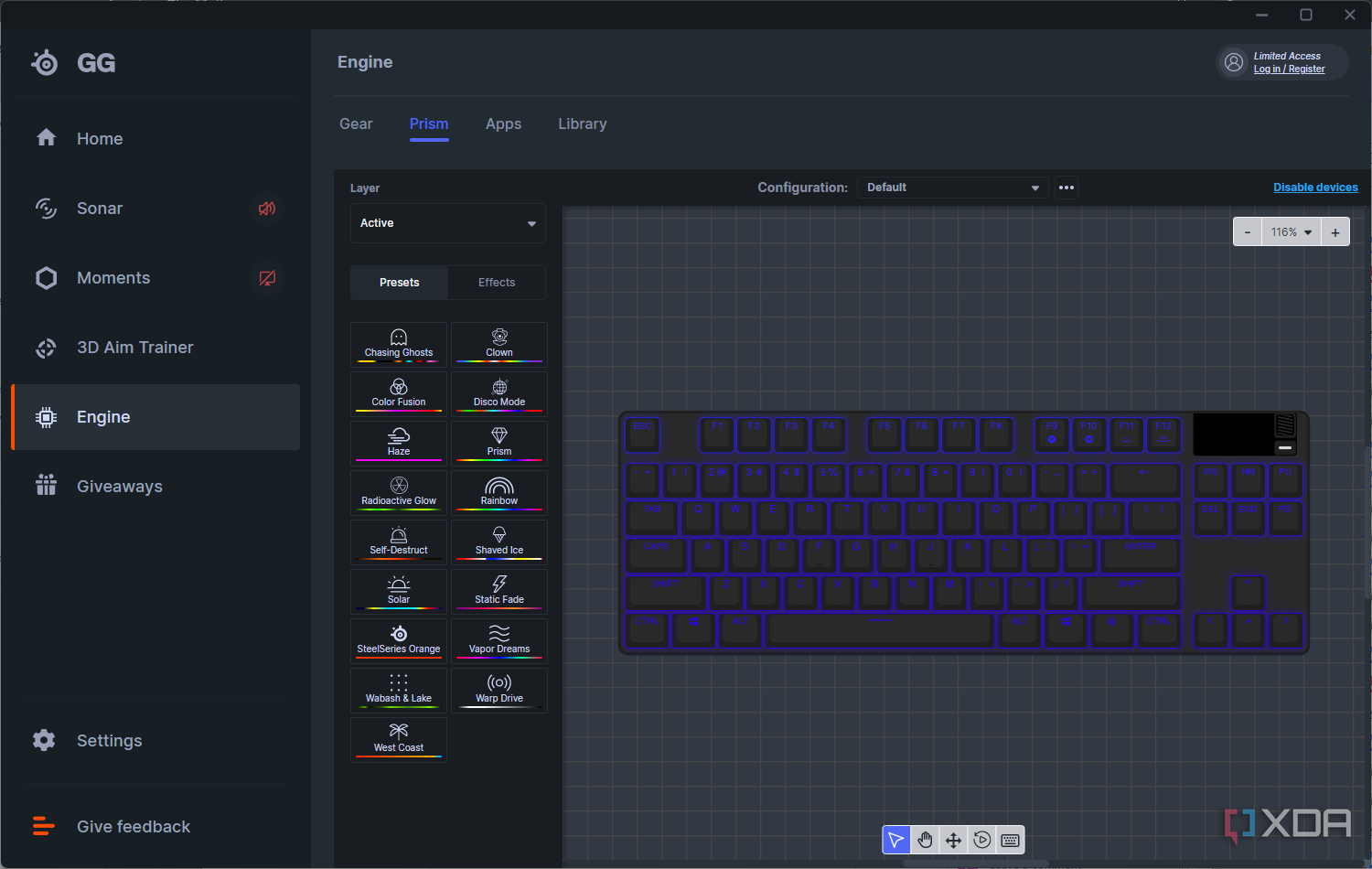 Captura de pantalla de SteelSeries GG que muestra la configuración de personalización RGB para el teclado Apex Pro TKL