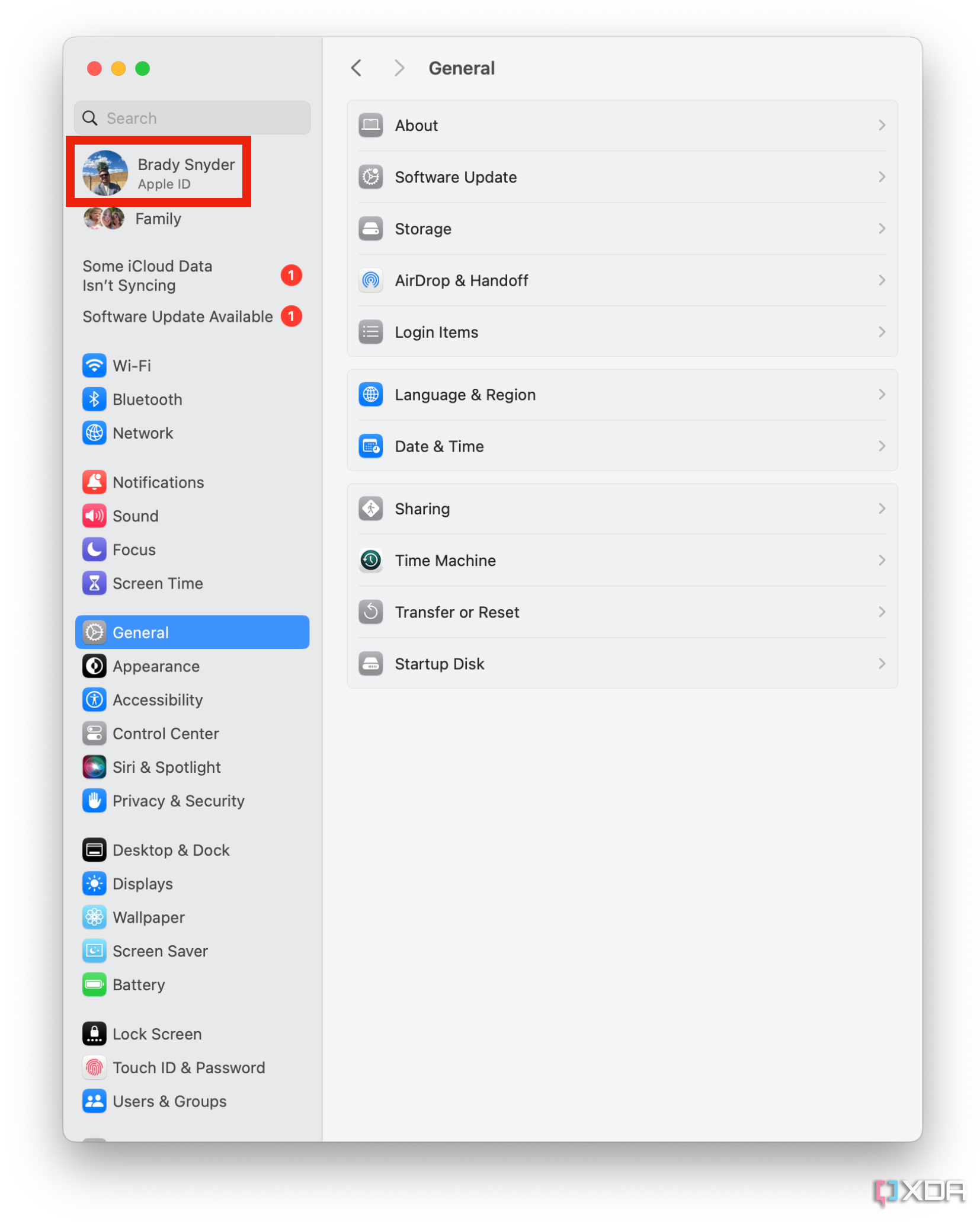 The Apple ID tab in the System Settings app.