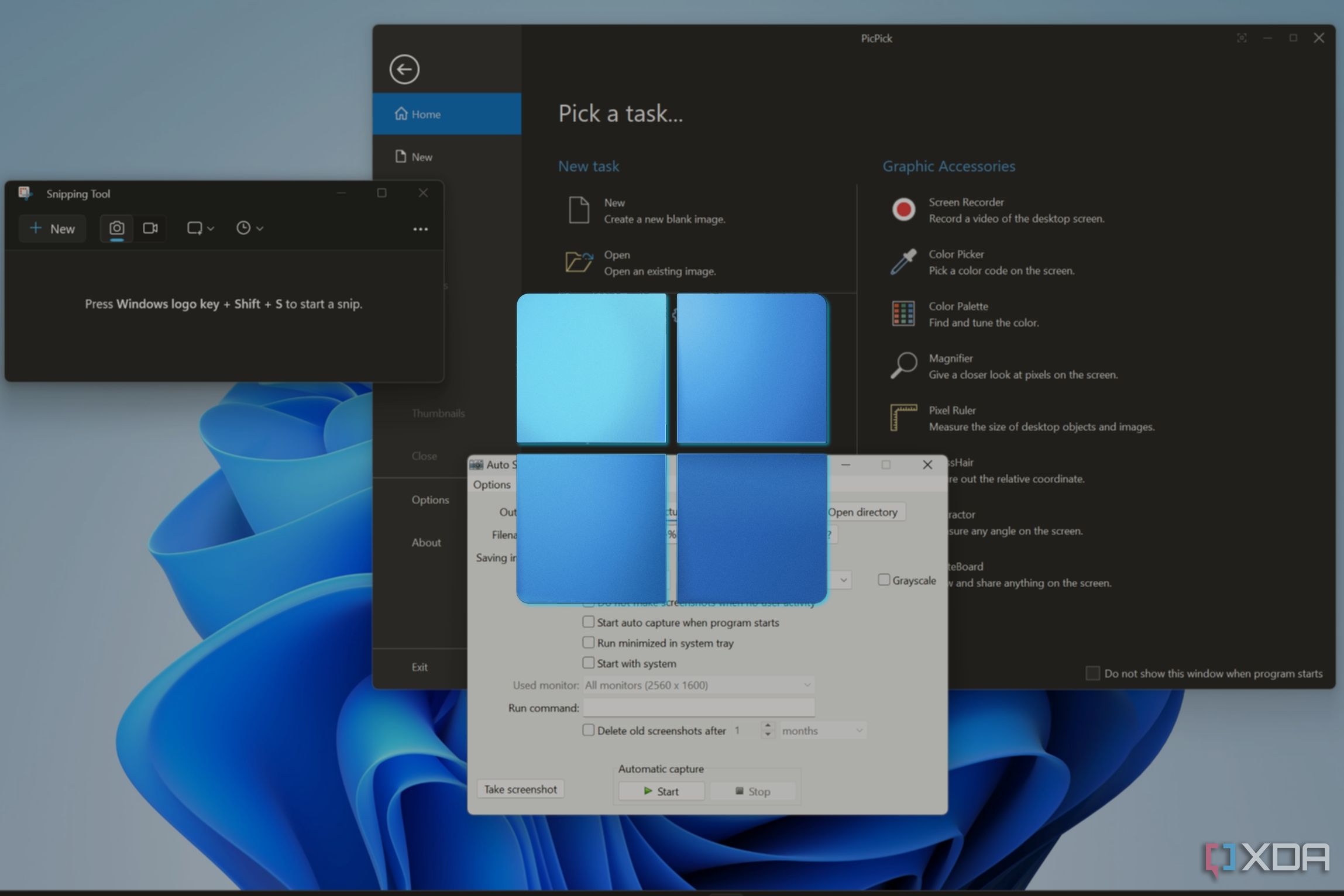 Screenshot of various methods to take screenshots on Windows 11 with a Windows 11 Start menu icon laid on top