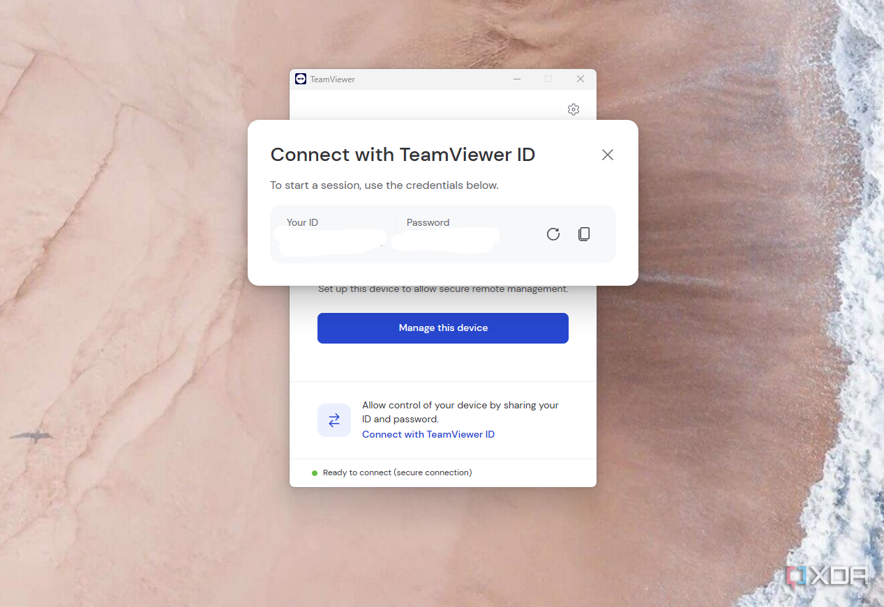 Экран подключения с идентификатором TeamViewer во время настройки