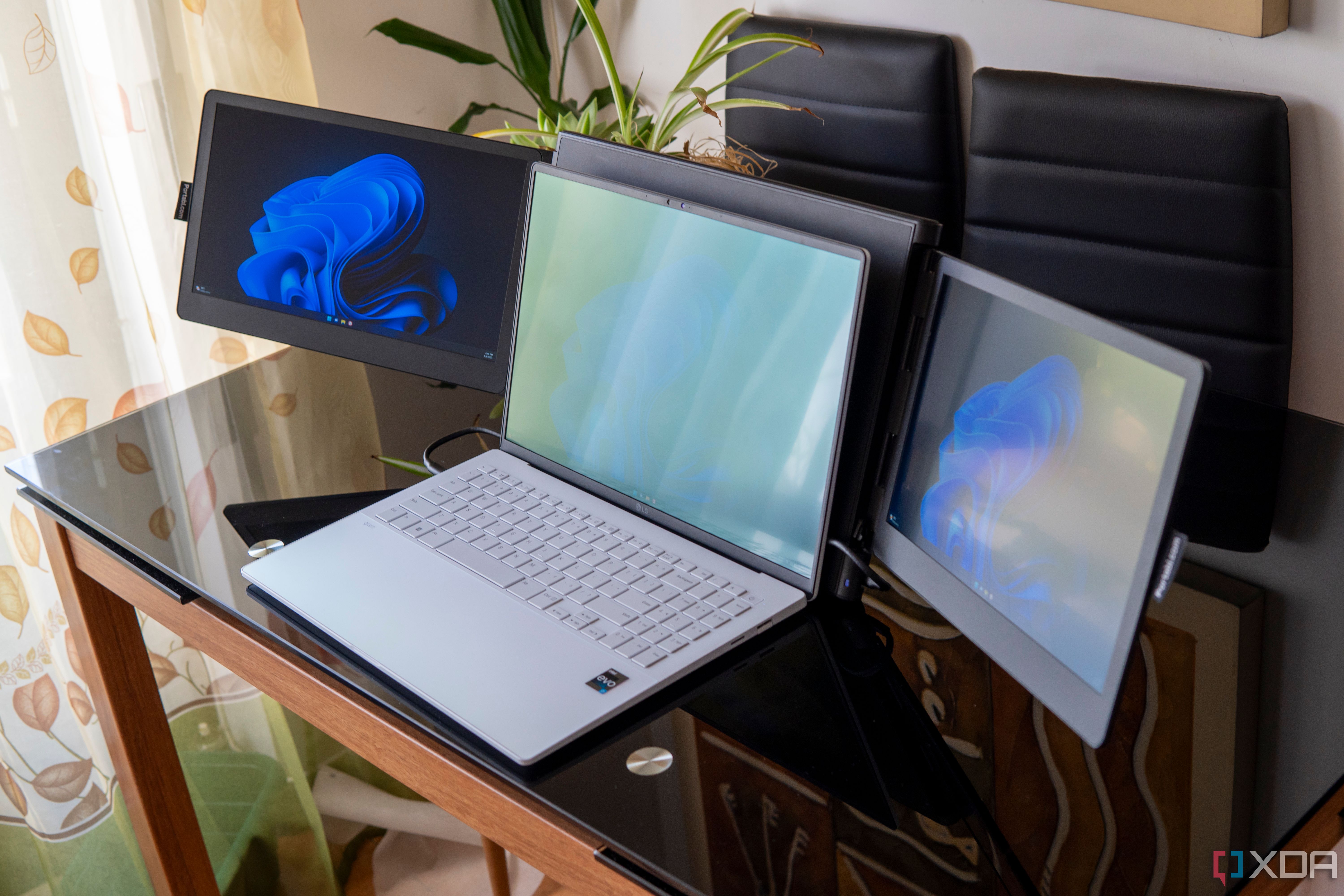 Right-side angled view of a laptop with the Slide V2 used in panoramic mode