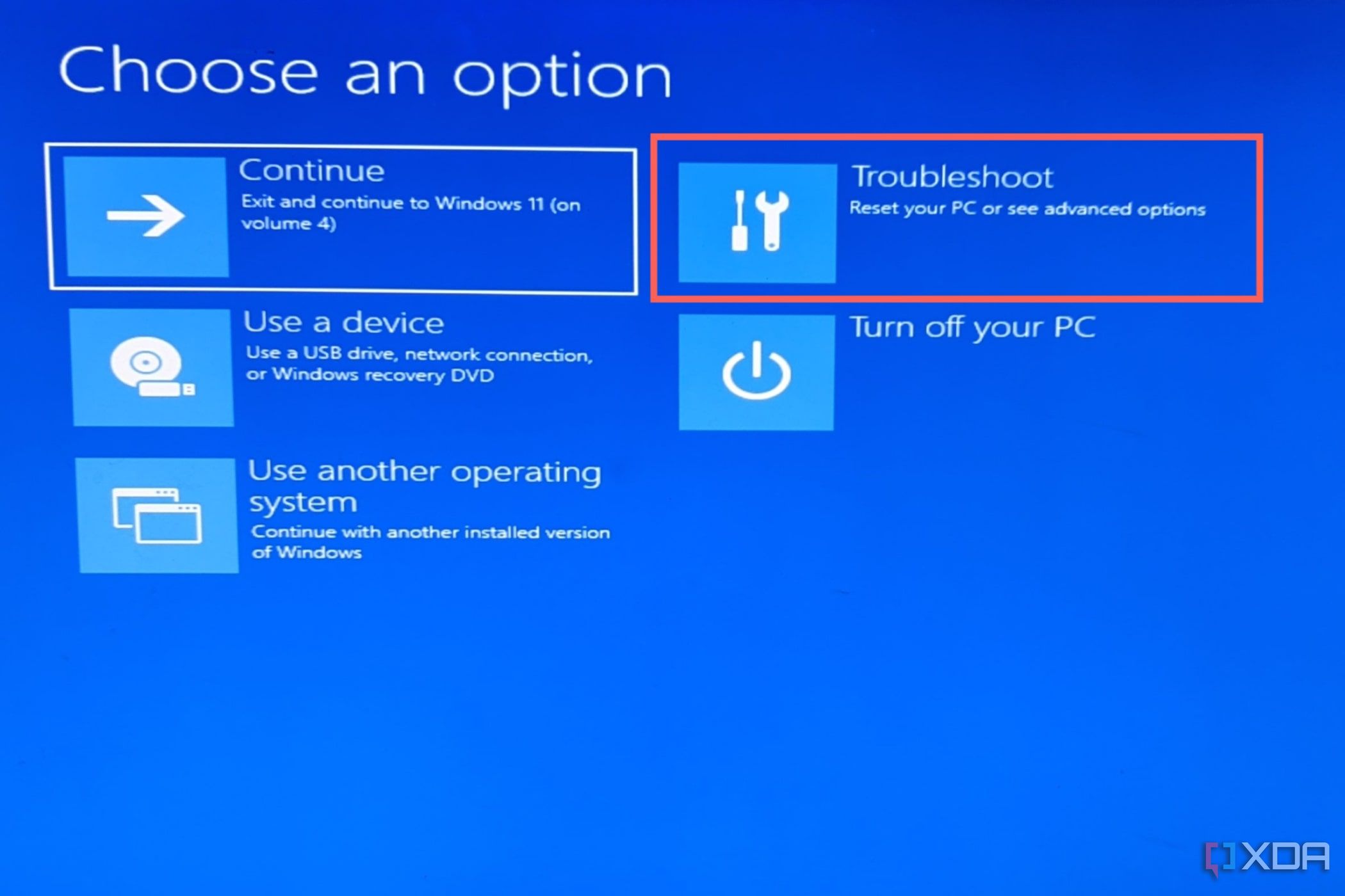 Click on the Troubleshoot option inside Windows Recovery Environment.