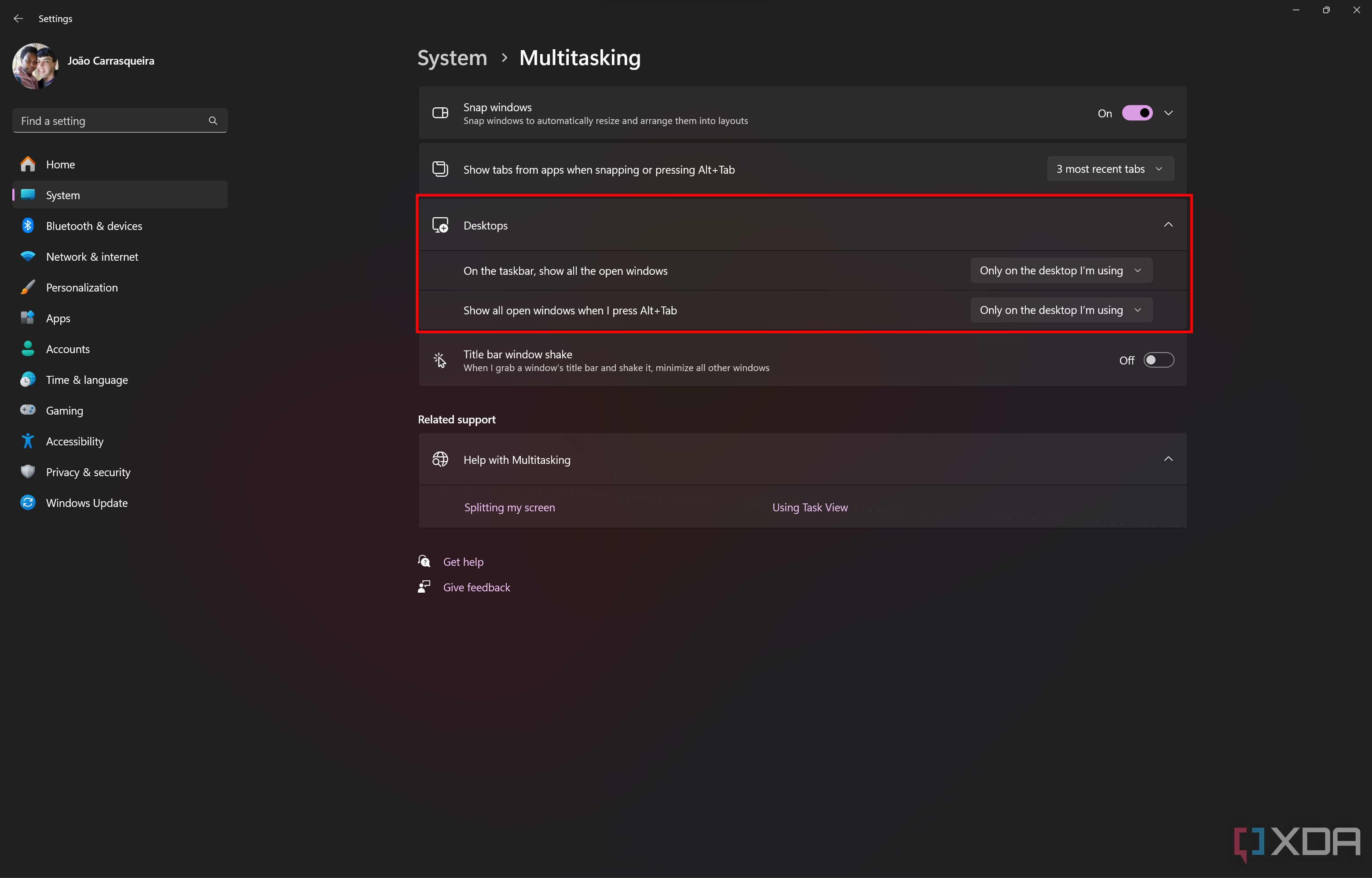 Screenshot of multitasking settings on Windows 11 showing settings for virtual desktops