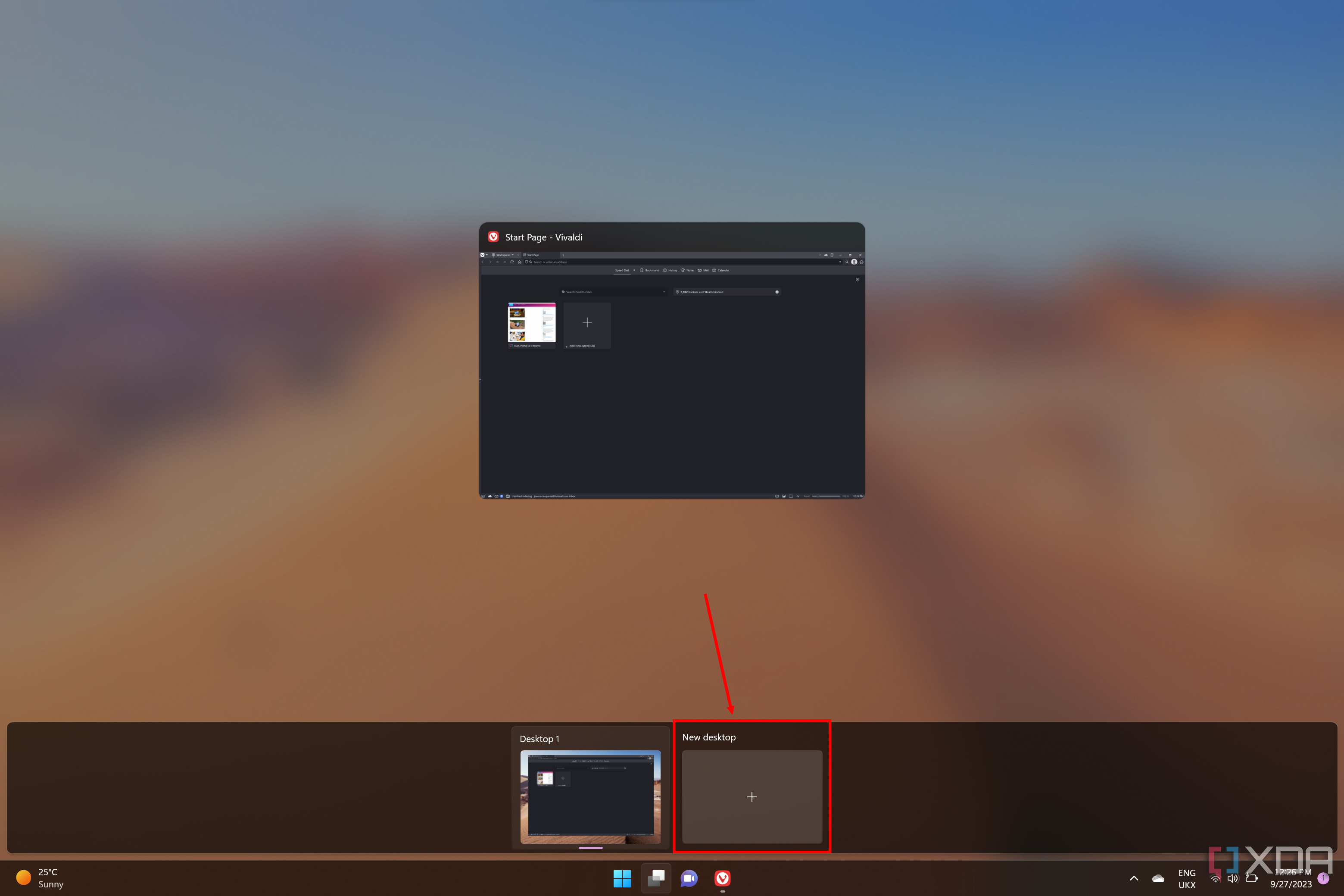 Screenshot of Task View in Windows 1 with the New Desktop button highlighted