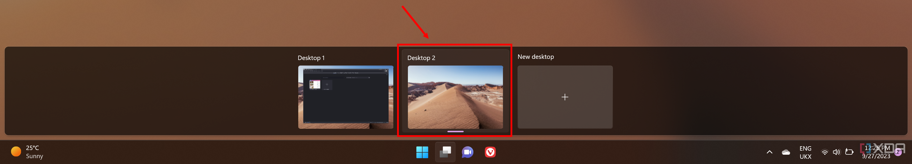 Screenshot of virtual desktops in Windows 11 with a second desktop highlighted