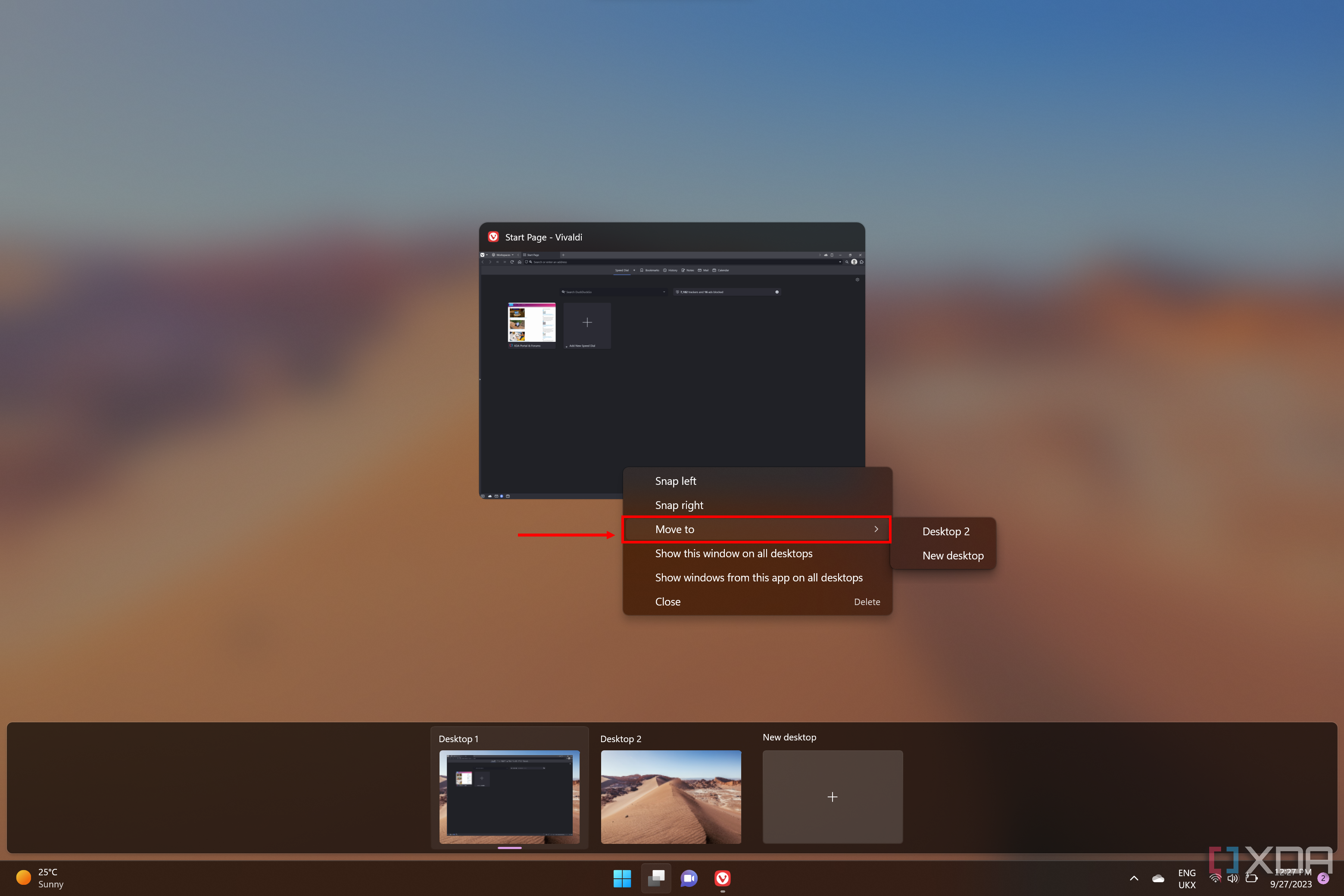 Screenshot of Task View showing the option to move an app to another desktop