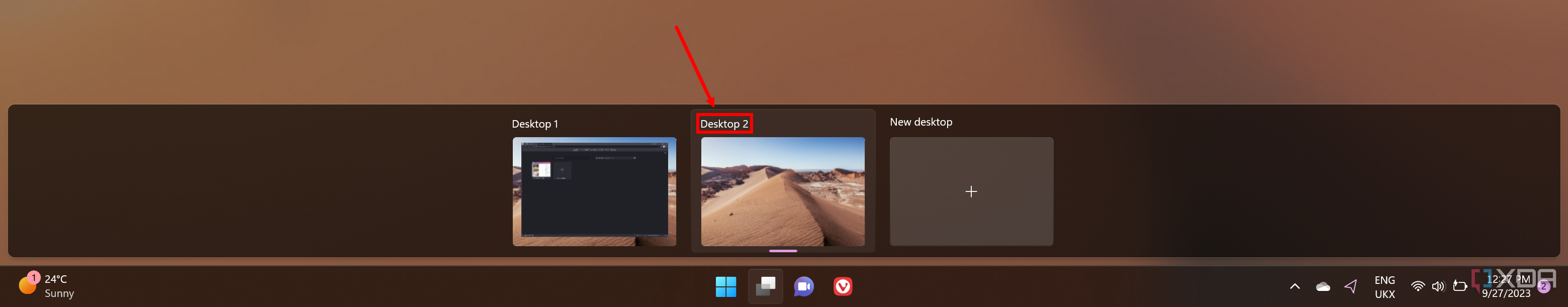 Screenshot of virtual desktops in Task View. The name of Desktop 2 is highlighted