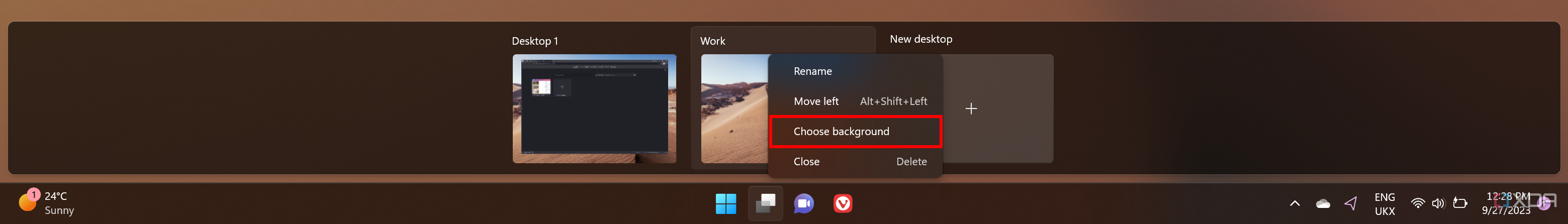 Screenshot of virtual desktops in Windows 11 showing the context menu with the Choose background button highlighted