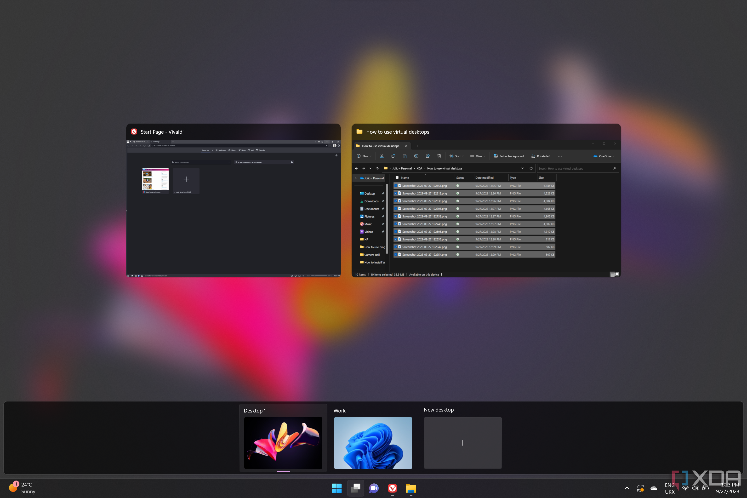 Screenshot of Task view in Windows 11 showing two virtual desktops and some open apps