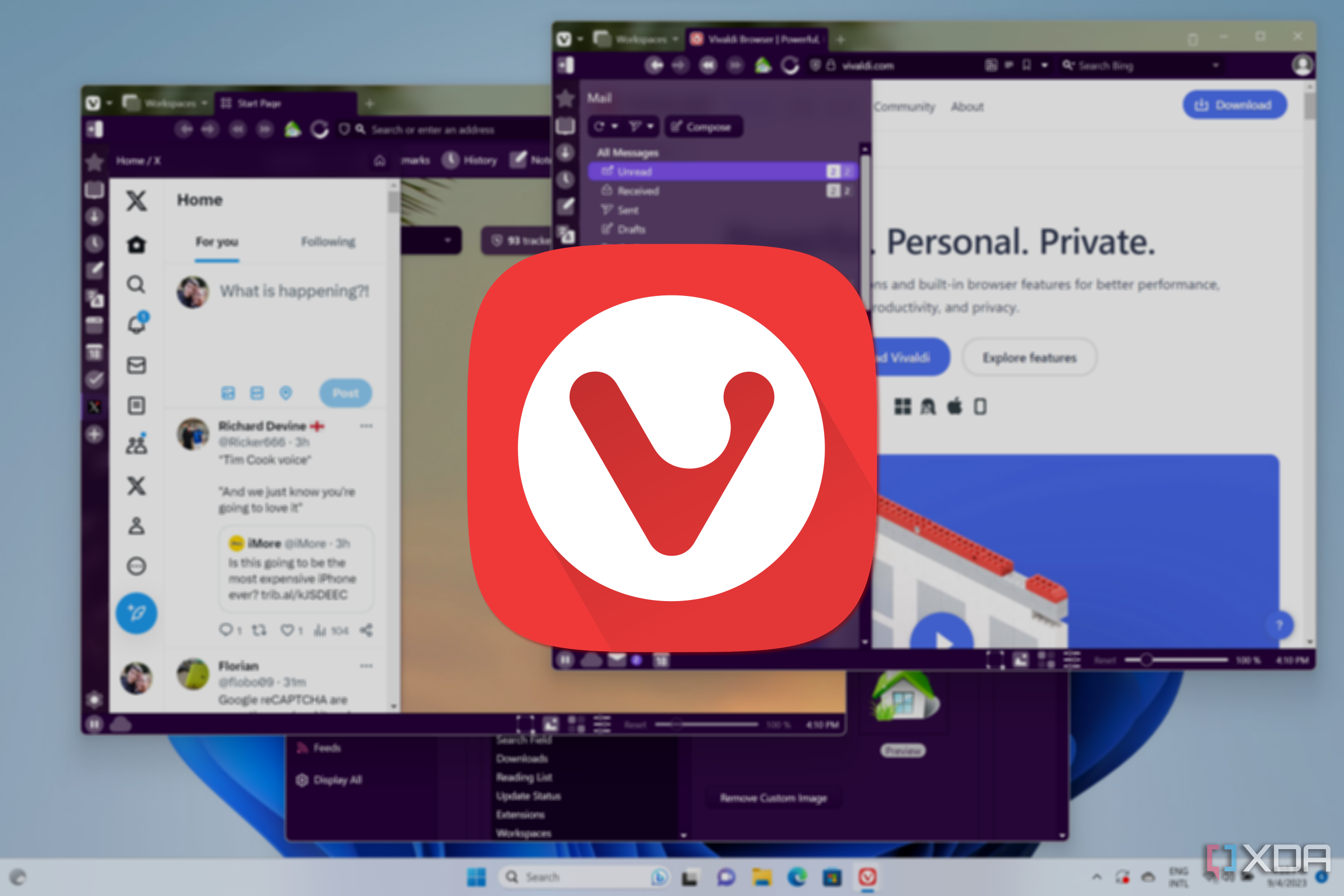 Screenshot of multiple Vivaldi windows open with a Vivaldi logo overlaid on top of it