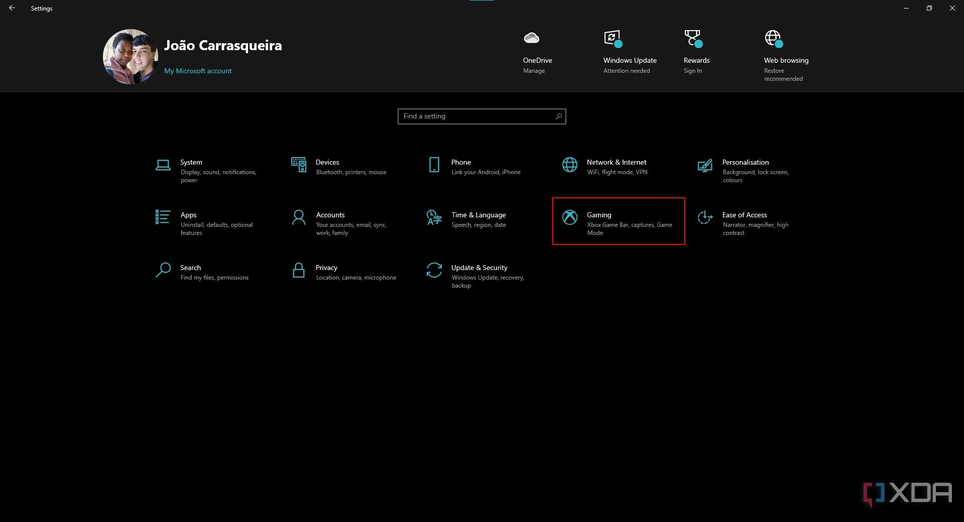 Screenshot of the Windows 10 Settings app with the Gaming section highlighted