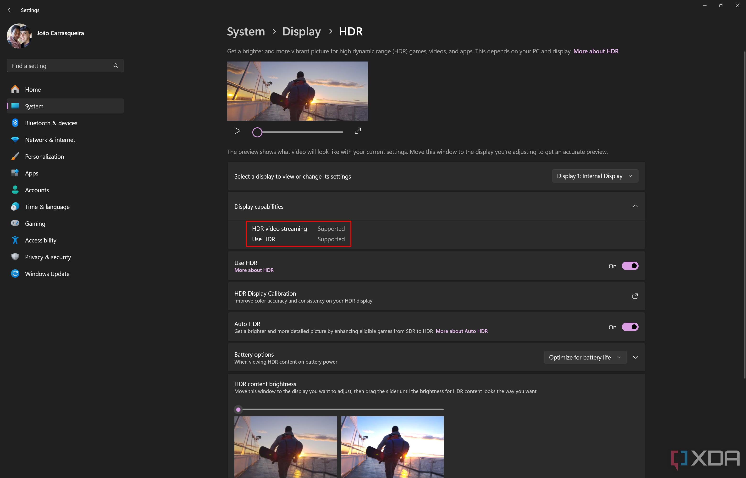 Screenshot of Windows 11 HDR settings showing that HDR is supported