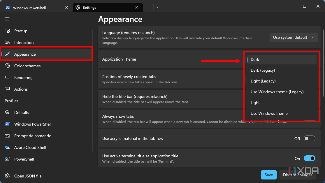 Captura de pantalla de la configuración de apariencia de Windows Terminal con el menú desplegable del tema de la aplicación resaltado