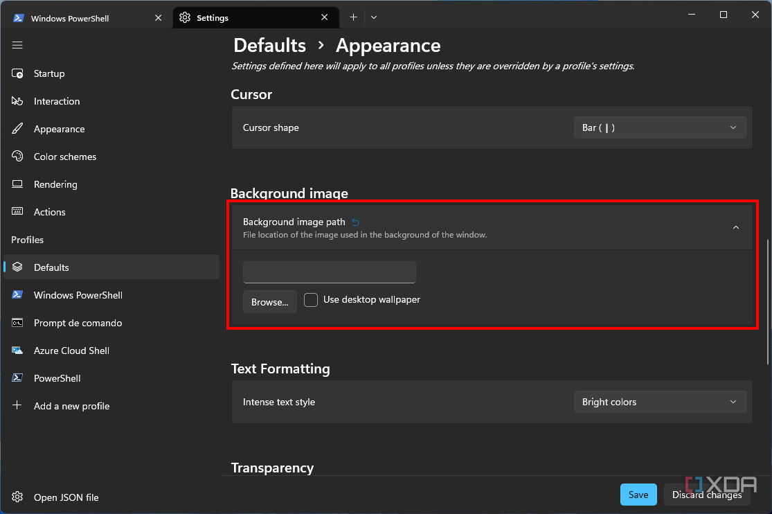 Captura de pantalla de la configuración de apariencia predeterminada para los perfiles de Windows Terminal con la sección de imagen de fondo expandida