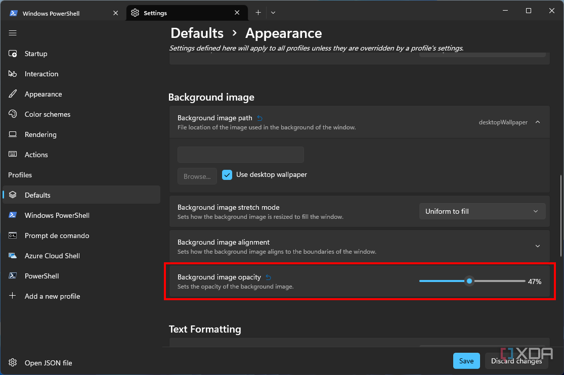 Captura de pantalla de la configuración de apariencia para todos los perfiles en Windows Terminal con el control deslizante de opacidad de fondo resaltado