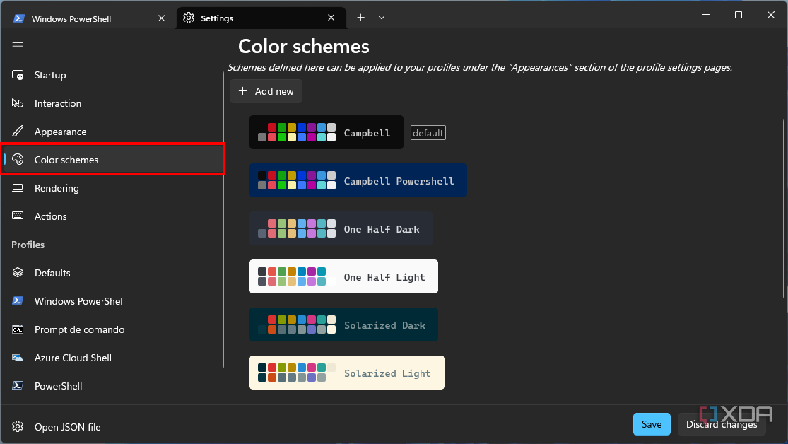 Captura de pantalla de la página de configuración de esquemas de color de Windows Terminal