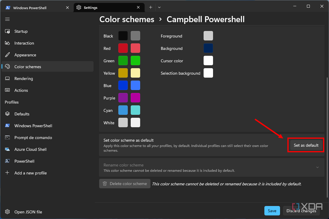 Captura de pantalla de la personalización del esquema de colores con el botón Establecer como predeterminado resaltado