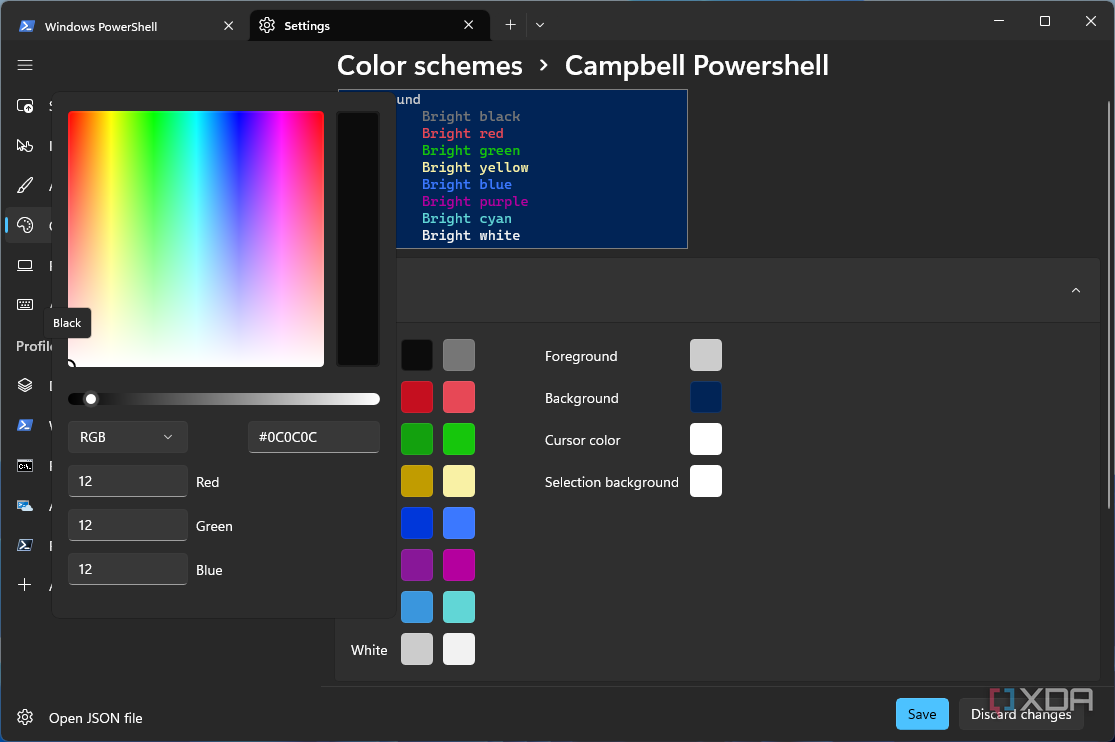 Captura de pantalla de la personalización del color para un esquema de color determinado en la Terminal de Windows