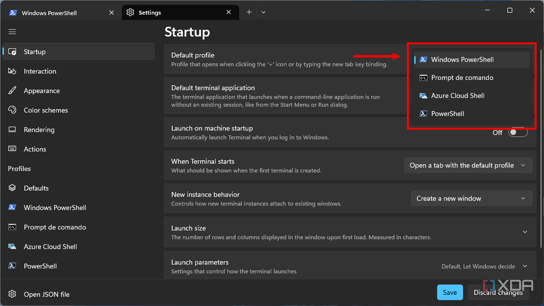 Captura de pantalla de la configuración de Windows Terminal que muestra una lista de opciones para que el perfil predeterminado se abra al inicio