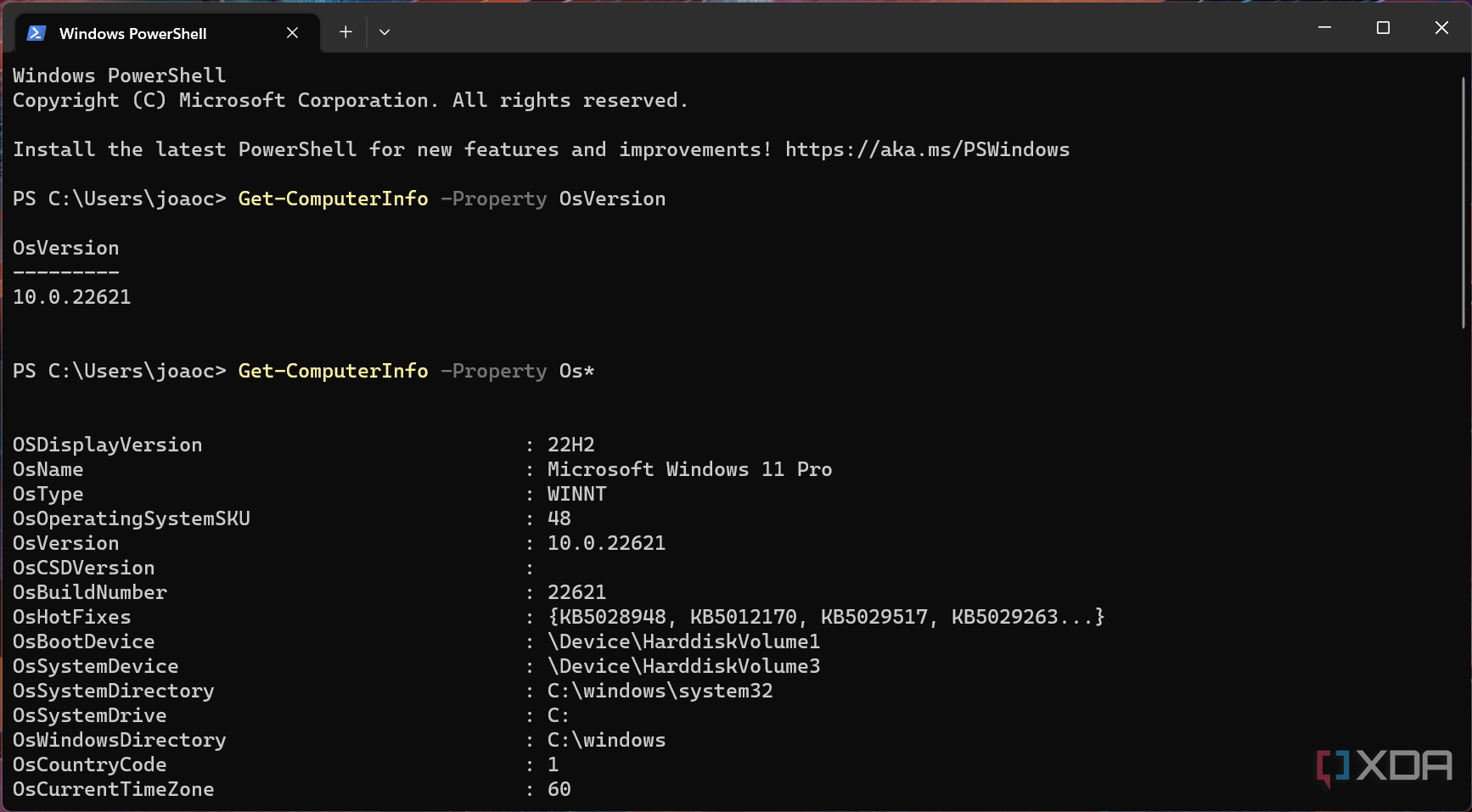 Screenshot of Windows PowerShell in Terminal showing the result of a Get-ComputerInfo Property command with a wildcard