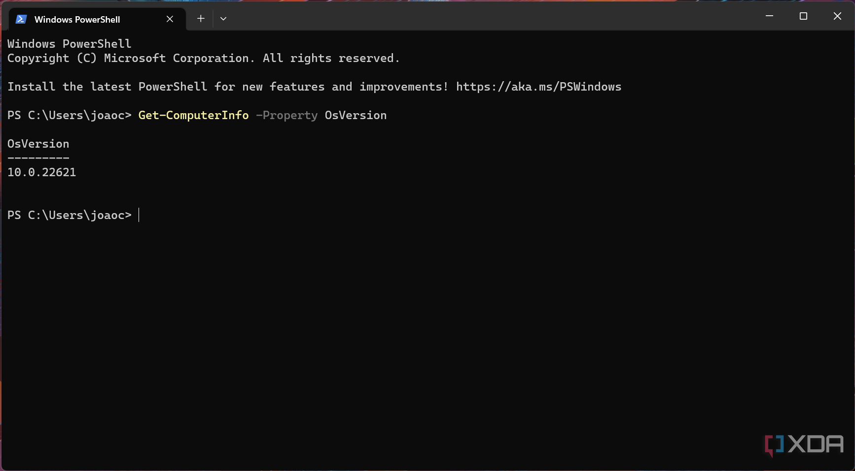 Screenshot of Windows PowerShell in Terminal showing the result of a Get-ComputerInfo Property command
