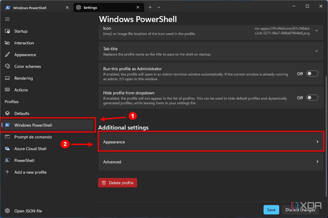 Captura de pantalla de la configuración de Windows Terminal para el perfil de Windows PowerShell con el botón de apariencia resaltado