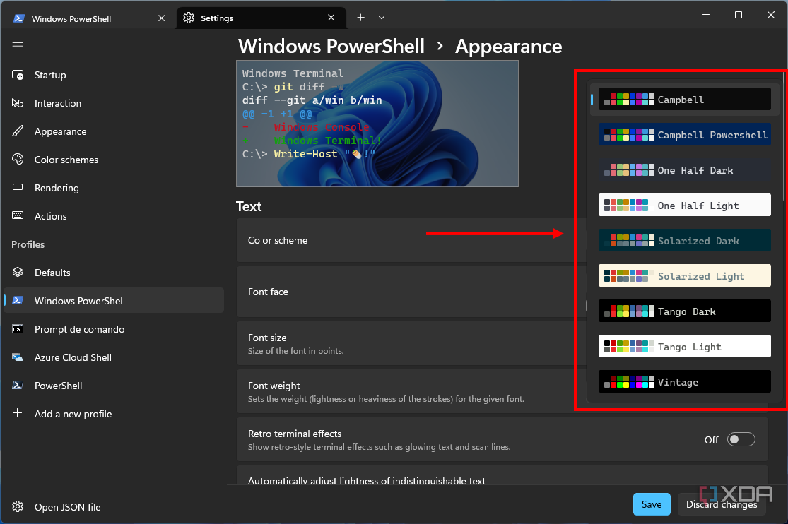 Captura de pantalla de la configuración de apariencia del perfil de Windows PowerShell con el menú desplegable de esquemas de color resaltado