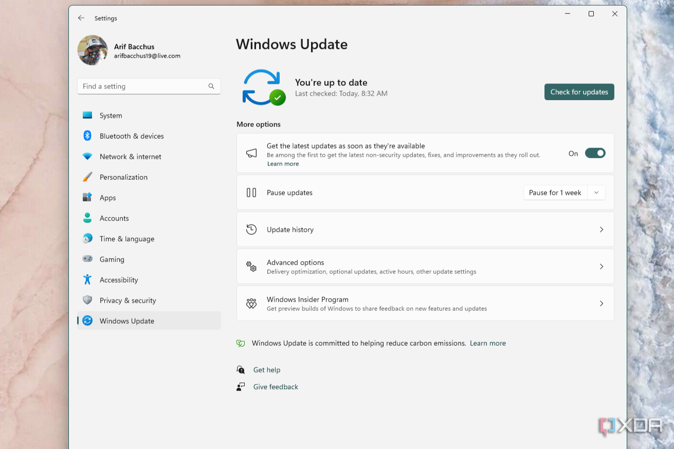 The Windows Update page in the Windows 11 settings app showing no updates are available.