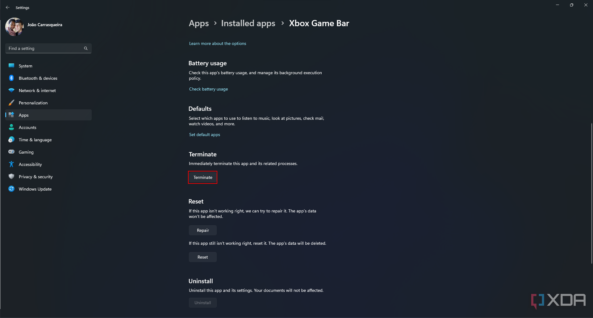 Screenshot of Xbox Game bar app settings in Windows 11 with the Terminate button highlighted