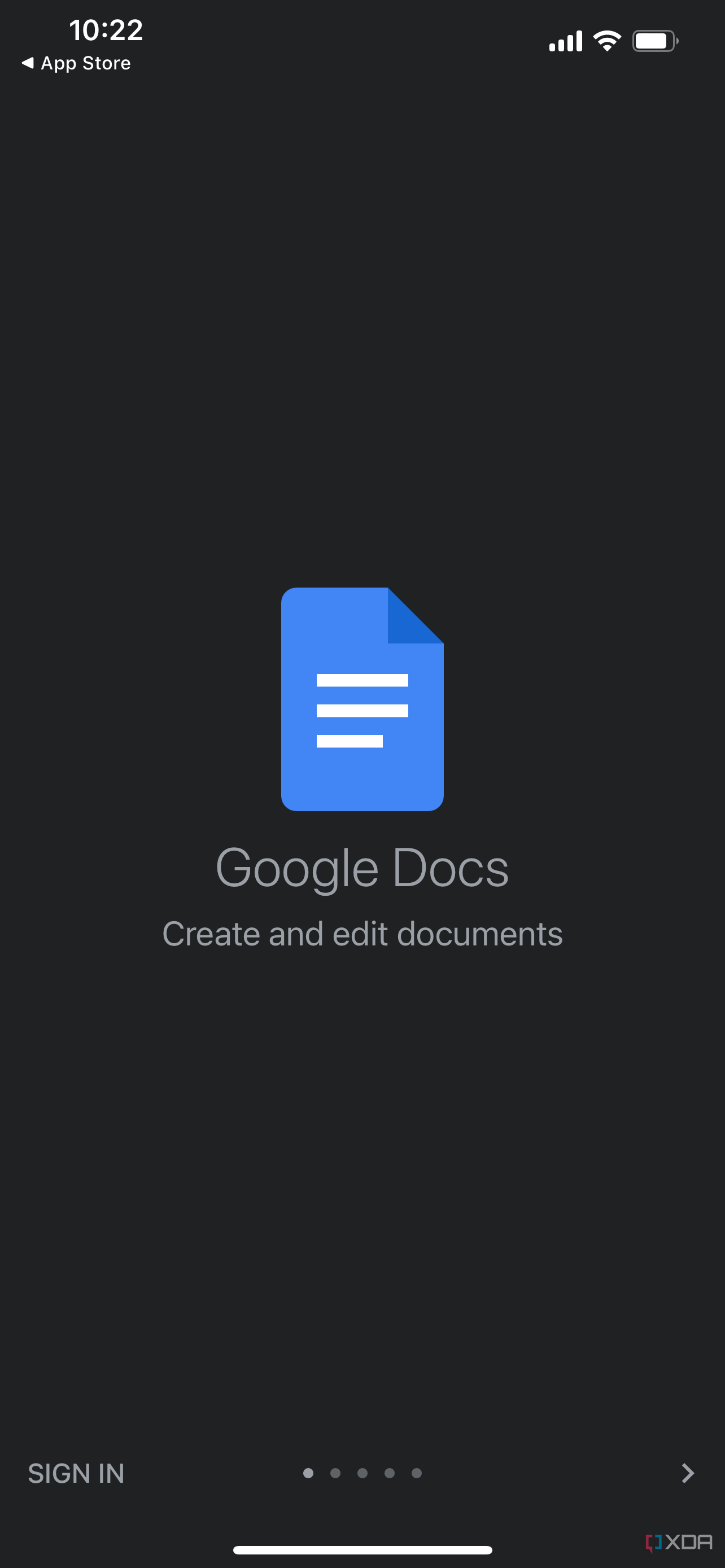 Google Docs launch screen on iOS