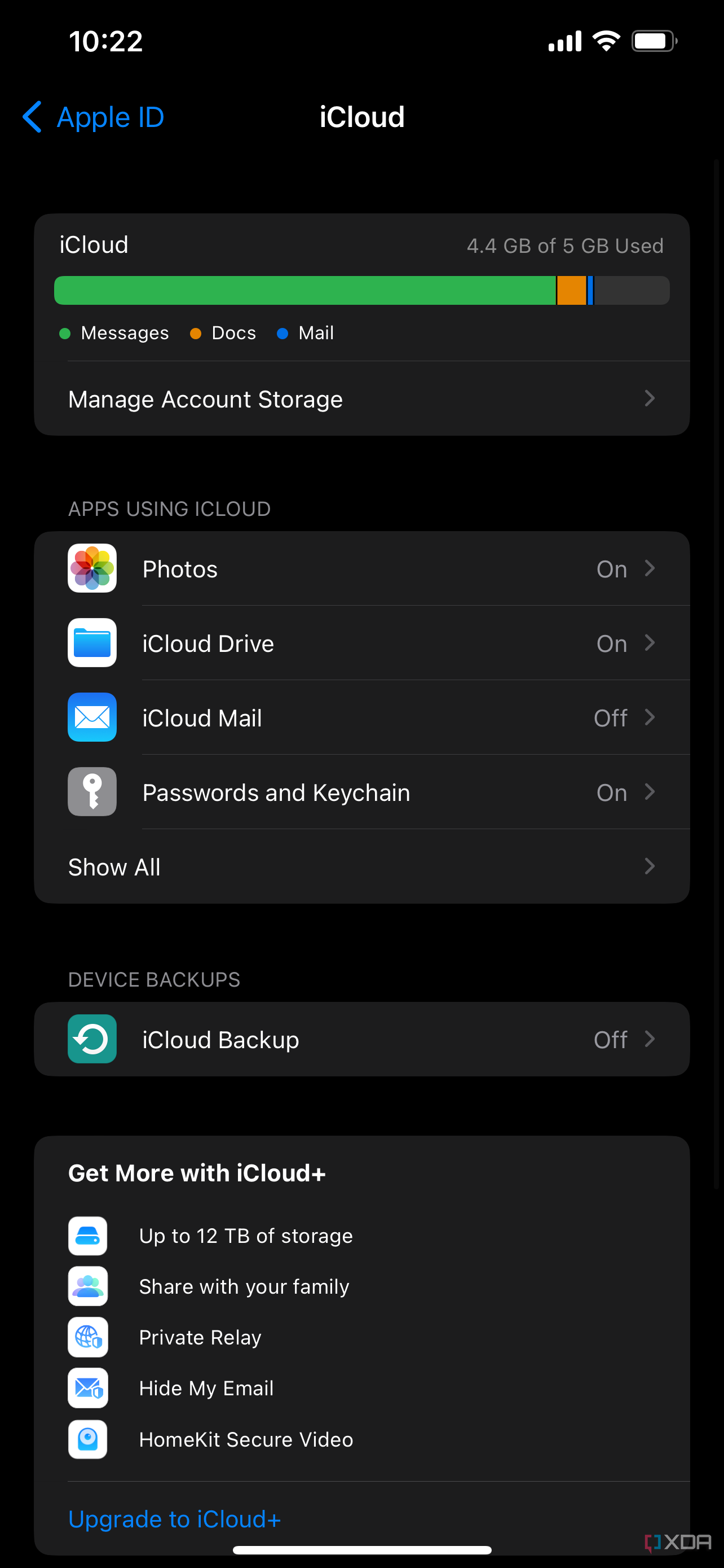 The show all settings for iCloud in iOS
