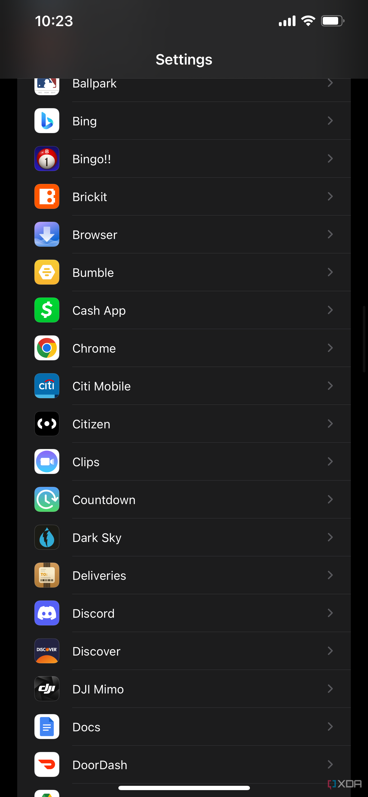 A list of apps in the iOS Settings page